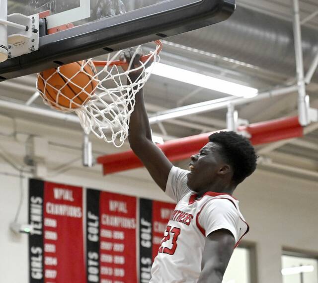 Sewickley Academys Mamadou Kane dunks against Obama Academy on Jan. 28. (Christopher Horner | TribLive)