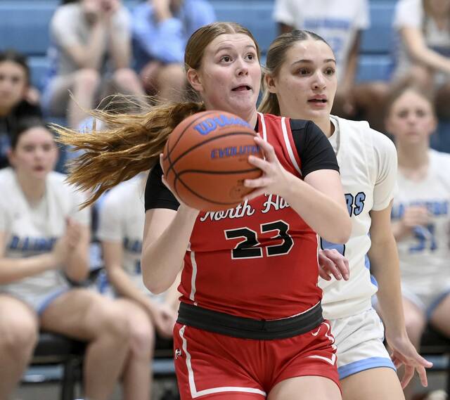 North Hills Lily Zickefoose drives past Seneca Valleys Brooke Duffordon on Dec. 22, 2025, in Jackson. (Christopher Horner | TribLive)