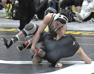 Chase Smith of Franklin Regional looks to turn a Bethlehem Catholic opponent on Feb. 7, 2026 during the PIAA Class 2A semifinals. (Paul Schofield | TribLive)