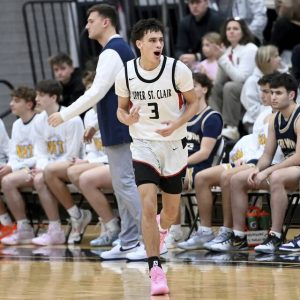 Upper St. Clair’s Jake Foster celebrates a 3-pointer in front of the Norwin bench on Tuesday, Dec. 9, 2025, at USC. (Christopher Horner | TribLive)
                                Upper St. Clairs Jake Foster celebrates a 3-pointer in front of the Norwin bench on Dec. 9, 2025. (Christopher Horner | TribLive)