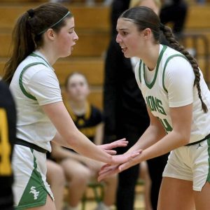 South Fayettes Haylie Lamonde celebrates with Ryan Oldaker after scoring against Montour on Dec. 18, 2025. (Christopher Horner | TribLive)