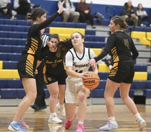 Freeports Nia DiSanti drives past Deer Lakes Sydney Sharkins and Delaney DeRose (4) on Monday. (Chaz Palla | TribLive)