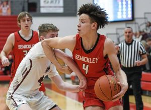 Sewickley Academys Lucas Grimsley (right) looks for space to drive against GCCs Liam Gallagher during last years playoffs. (Andrew Palla | For TribLive)