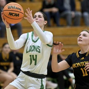 South Fayettes Juliette Leroux scores past Montours Brooklyn Young on Dec. 18, 2025. (Christopher Horner | TribLive)