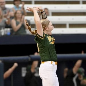 Penn-Trafford pitcher Allyson Paulone celebrates after the final out to defeat Greencastle-Atrim, 2-0, in the PIAA Class 5A championship game June 13, 2025, at Penn State. (Christopher Horner | TribLive)