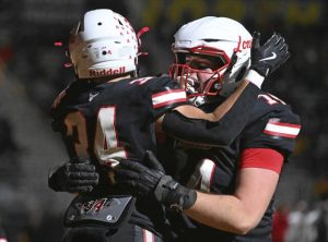 Avonworths Peter Bonnet celebrates with Dimitri Velisaris after Velisaris scored against North Catholic during the WPIAL Class 3A semifinals Nov. 14, 2025, at North Allegheny High School. (Chaz Palla | TribLive)