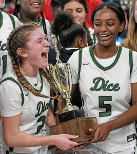 Allderdices Bailey White (2) and Seena Teshome (5) celebrate following Allderdices victory over Obama Academy in the 2024 City League championship game.
                                Allderdice’s Bailey White (2) and Seena Teshome (5) celebrate following Allderdice’s victory over Obama Academy in the City League championship game Sunday, Feb. 18, 2024, at Duquesne's UPMC Cooper Fieldhouse.