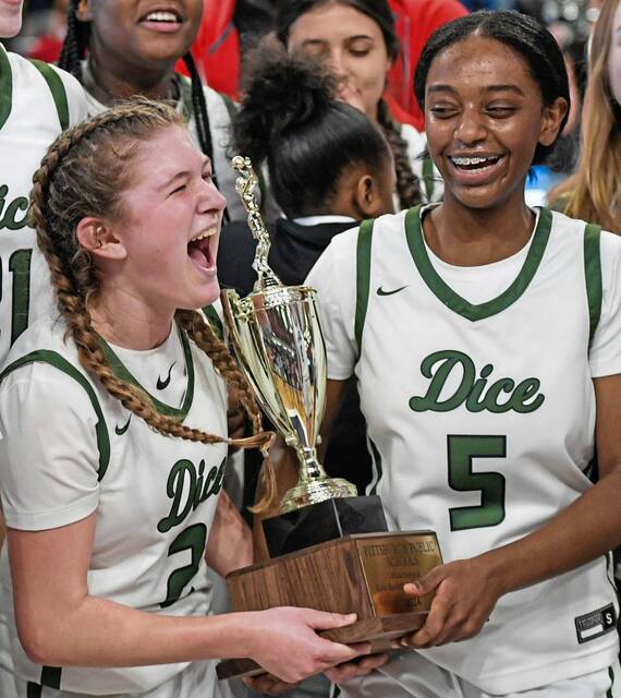 Allderdices Bailey White (2) and Seena Teshome (5) celebrate following Allderdices victory over Obama Academy in the 2024 City League championship game.
                                Allderdice’s Bailey White (2) and Seena Teshome (5) celebrate following Allderdice’s victory over Obama Academy in the City League championship game Sunday, Feb. 18, 2024, at Duquesne's UPMC Cooper Fieldhouse.