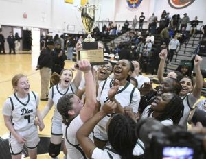 Allderdice celebrates after beating Obama Academy during the City League championship Sunday, Feb. 15, 2026 at Brashear High School. (Chaz Palla | TribLive)