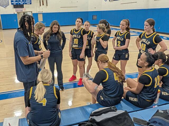 The Apollo-Ridge girls basketball team plays against Hampton on Nov. 28, 2025, at Leechburg. (Michael Love | TribLive)