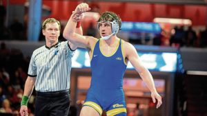 Pitts Nino Bonaccorsi celebrates winning the 2023 ACC wrestling tournament. (Courtesy of Pitt athletics)