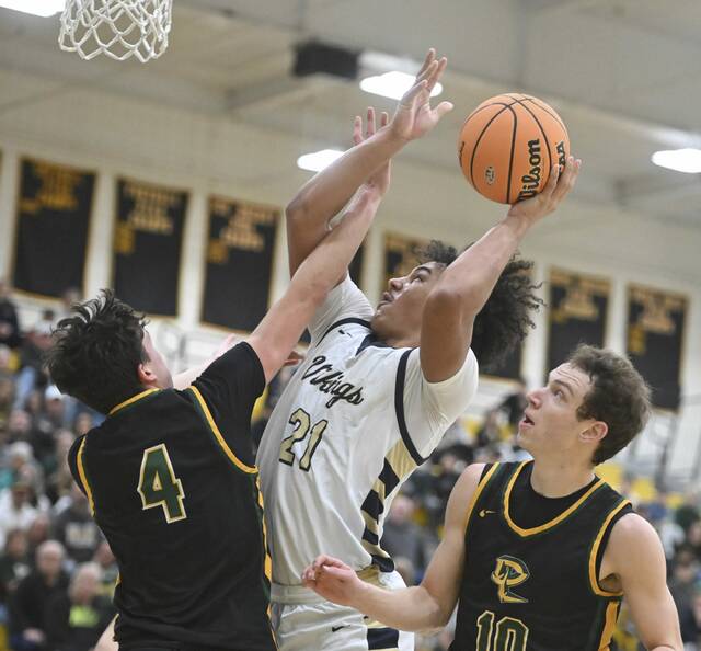Hopewells James Armstrong is fouled by Deer Lakes Luca Mangieri during their WPIAL Class 4A quarterfinal Wednesday. (Chaz Palla | TribLive)