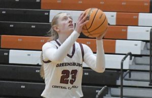 Greensburg Central Catholic senior Erica Gribble goes up for two of her game-high 25 points against OLSH on Feb. 18, 2026. (Paul Schofield | TribLive)