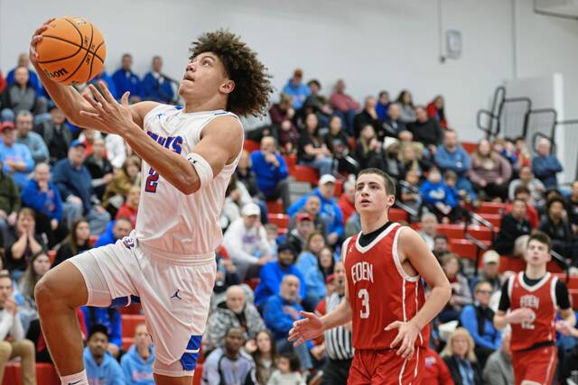 Jeannettes Jayce Powell scores on a breakaway layup against Eden Christian Academy on Thursday at Fox Chapel. (Andrew Palla | For TribLive)