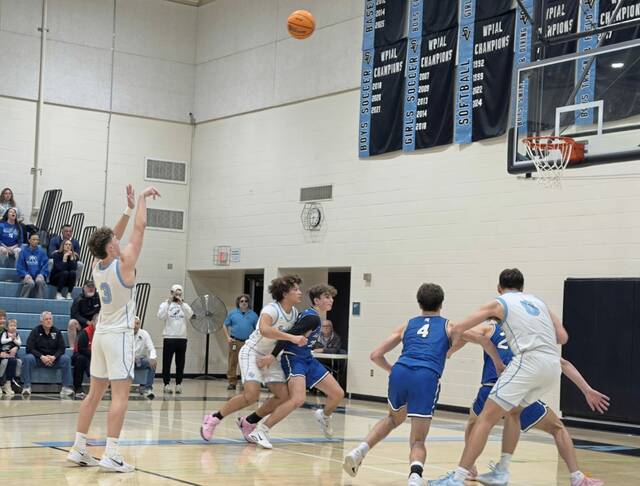 Seneca Valleys Andrew Omasits makes the game-winning free throw against Hempfield in the WPIAL Class 6A quarterfinals Thursday. (Ted Sarneso | For TribLive)