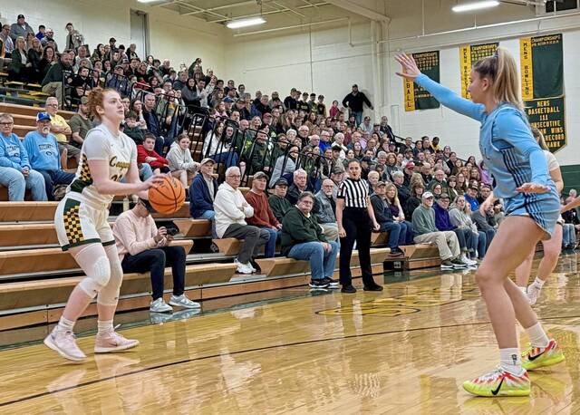 Blackhawks Aubree Hupp eyes up a 3-pointer against Burrell in the Class 4A quarterfinals Thursday, Feb. 19, 2026. (Antonio Rossetti | For TribLive)
