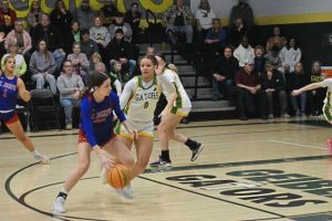 St. Josephs JJ Cienak looks to drive while being guarded by Geibels Janiah Darnell during the first half of Thursdays WPIAL Class A quarterfinal at Geibel. (Jason Black | Daily Courier)