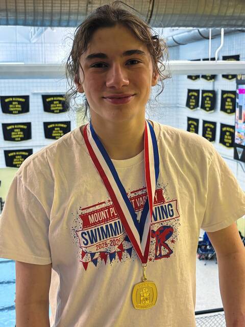 Mt. Pleasant's Noah Lahm won the WPIAL Class 2A boys diving championship Feb. 20, 2026, at North Allegheny. (Bob Orkwis | For TribLive)