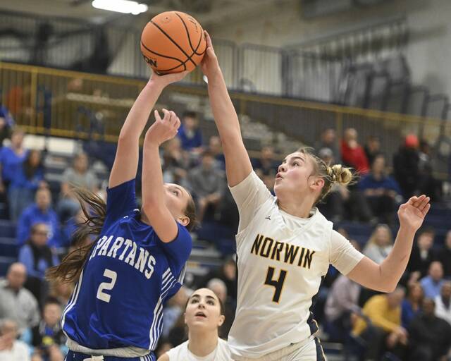 Norwins Nia OBarto blocks the shot of Hempfields Reagan Fisher during a WPIAL Class 6A quarterfinal Friday at Norwin High School. (Chaz Palla | TribLive)