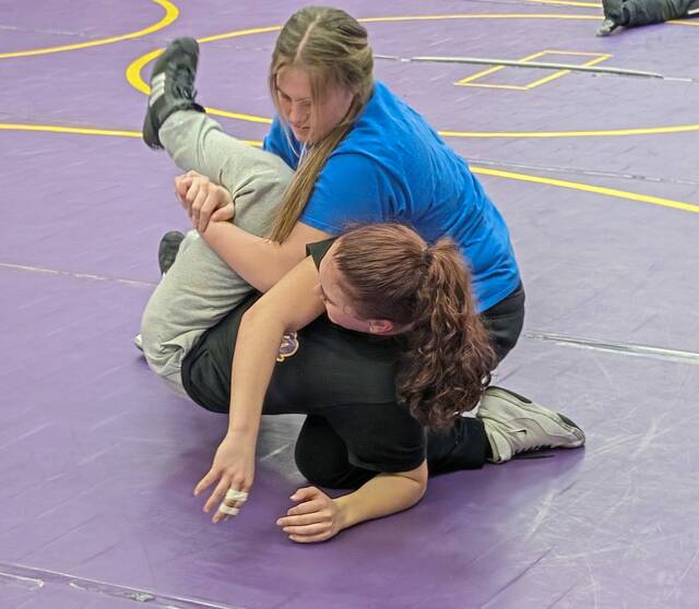 Plum senior Alaina Claassen (top) works with junior Haley Leiendecker during a workout Friday at Plum High School. (Michael Love | TribLive)
