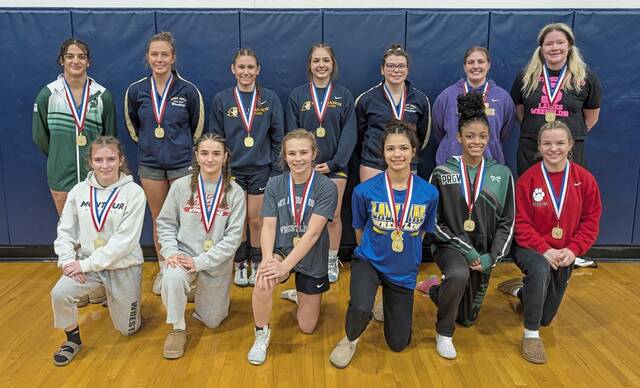 The 2026 WPIAL girls wrestling individual champions. (Michael Love | TribLive)