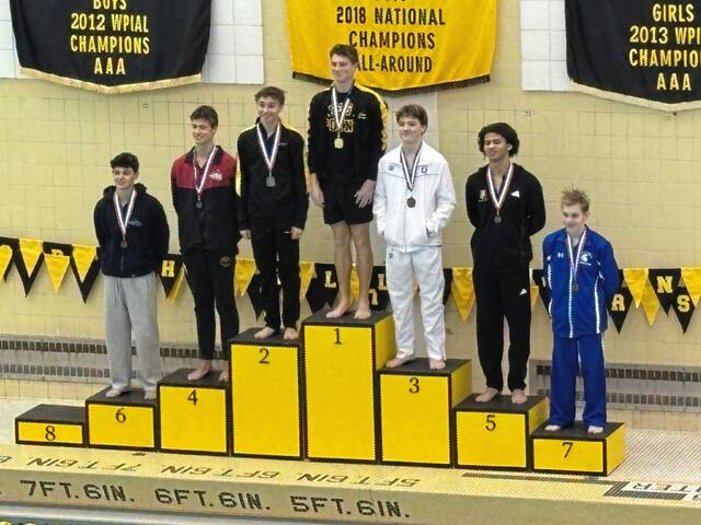 North Allegheny's Ethan Maravich won the WPIAL Class 3A boys diving title Feb. 21, 2026, at North Allegheny. (Bob Orkwis | For TribLive)
