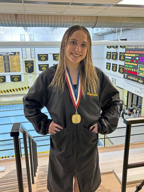 North Allegheny's Maggie Lapina won the WPIAL Class 3A girls diving championship Feb. 21, 2026, at North Allegheny. (Bob Orkwis | For TribLive)