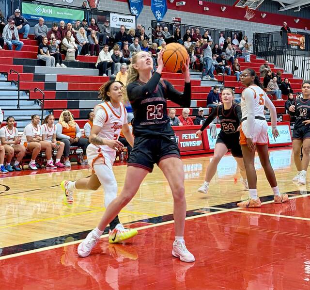 Greensburg Central Catholic's Erica Gribble shoots against Beaver Falls in the WPIAL Class 3A semifinals Feb. 21, 2026, at Peters Township. (Antonio Rossetti | For TribLive)