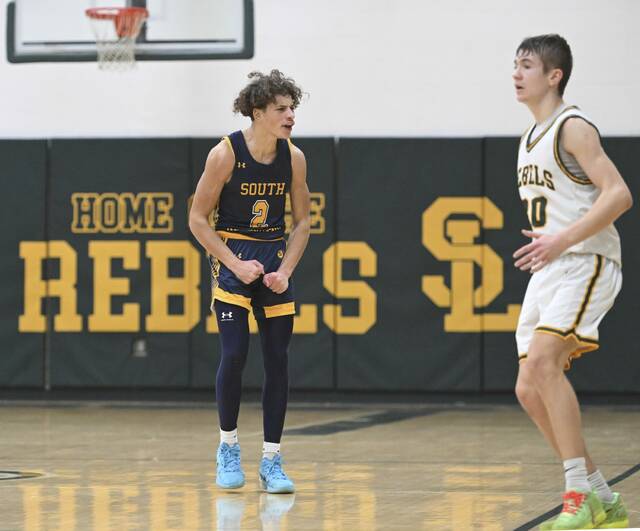 South Alleghenys Drew Cook reacts after hitting a 3-pointer over Seton LaSalles Charlie Crummie during a fourth-quarter comeback Jan. 6, 2026 at Seton LaSalle High School. (Chaz Palla | TribLive)