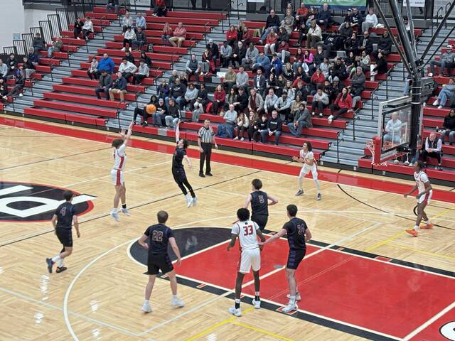 Sewickley Academys Lucas Grimsley shoots a 3-pointer against Our Lady of the Sacred Heart in the WPIAL Class 2A semifinals Monday, Feb. 23, 2026. (Don Rebel | TribLive)