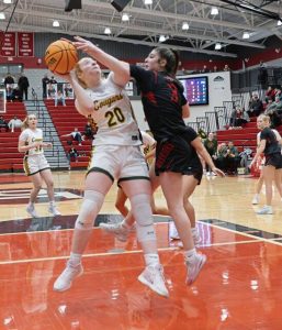 Blackhawks Aubree Hupp goes up for a shot as Elizabeth Forwards Mia Sosataric defends in the WPIAL Class 4A semifinals Monday, Feb. 23, 2026. (Floyd Kish | Mon Valley Independent)
