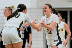 Norwin's Lenyn Brozeski (left) and Ava Christopher react heading into a timeout after a made basket on Tuesday, Feb. 24, 2026, at Keystone Oaks. (Andrew Palla | For TribLive)