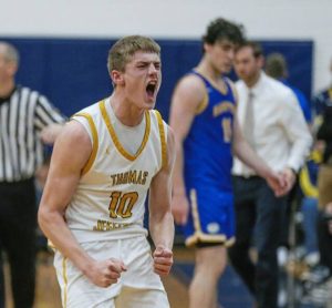 Thomas Jefferson's Justin Fry celebrates during a win over Hampton in the WPIAL Class 5A semifinals Tuesday, Feb. 24, 2026. (Mike Darnay | Mon Valley Independent)