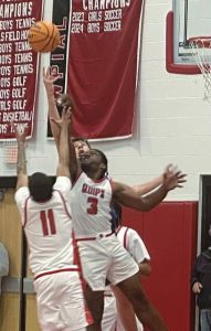 Aliquippas Qualil Goode (3) and Javari Dillard-Carter (11) battle South Parks Luke Scarff for a rebound in the Class 3A semifinals Tuesday. (Dave Mackall | For TribLive)