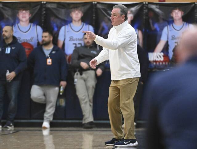 Knoch boys basketball head coach Joe Lafko during a game against Burrell Jan. 20, 2026 at Burrell. (Chaz Palla | TribLive)