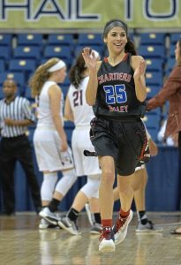Chartiers Valleys Megan McConnell reacts after a timeout by Oakland Catholic during the first WPIAL Class 5A girls basketball championship game March 4, 2017, at the Petersen Events Center. Chartiers Valley won, 52-36. (TribLive)