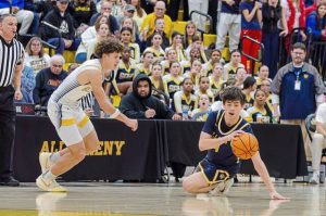 South Alleghenys Drew Cook pressures Shady Side Academys Willis Price Wheeler in the WPIAL Class 3A semifinals Feb. 25. (Kyler Cecil | Mon Valley Independent)