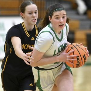 South Fayette’s Haylie Lamonde drives past Montour’s Claire Bannon on Thursday, Dec. 18, 2025, at South Fayette. (Christopher Horner | TribLive)
