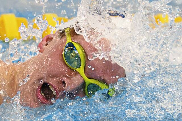 Franklin Regional's Tommy Westerman competes in the boys 200 freestyle during the 2026 WPIAL Class 3A swimming championships Thursday, Feb. 26, 2026, at Pitt's Trees Pool. (Andrew Palla | For TribLive)