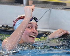 Fox Chapel's Delaney O'Toole reacts after competing in the girls 50 freestyle during the 2026 WPIAL Class 3A swimming championships Thursday, Feb. 26, 2026, at Pitt's Trees Pool. (Andrew Palla | For TribLive)