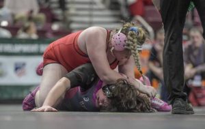 Southmorelands Zoey Murphy wrestles Bethlehem Libertys Addyson Munro during last years PIAA semifinals at Giant Center in Hershey. (Louis B. Ruediger | TribLive)