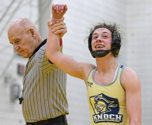 Knochs Braylee Ireland reacts after winning the 118-pound final at the WPIAL girls wrestling championships Saturday, Feb. 15, 2025, at North Allegheny. (Andrew Palla | For TribLive)