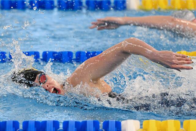 North Allegheny's Claire Bacu competes in the girls 200 freestyle during the 2026 WPIAL Class 3A swimming championships Thursday, Feb. 26, 2026, at Pitt's Trees Pool. (Andrew Palla | For TribLive)