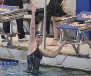 North Alleghenys Claire Baca celebrates winning the girls 500 yard freestyle during the WPIAL Class 3A swimming championships Friday, Feb. 27, 2026 at Trees Pool. (Chaz Palla | TribLive)