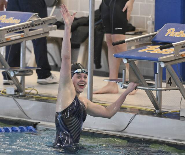 North Alleghenys Claire Baca celebrates winning the girls 500 yard freestyle during the WPIAL Class 3A Swimming and Diving Championships Feb. 27, 2026 at Trees Pool. (Chaz Palla | TribLive)