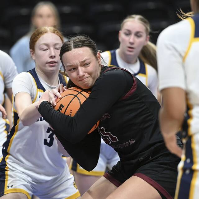 Greensburg Central Catholic’s Avery Jones battles for a loose ball during the WPIAL Class 3A championship game against Shady Side Academy on Thursday, Feb. 26, 2026, at Petersen Events Center. (Christopher Horner | TribLive)