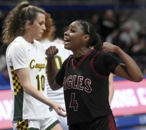 Oakland Catholics Zephaniah Troxler-Scott celebrates after the Eagles scored during the WPIAL Class 4A championship game against Blackhawk on Saturday at Petersen Events Center. (Christopher Horner | TribLive)