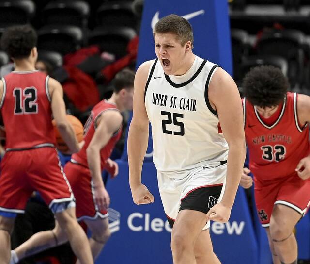 Upper St. Clairs Ryan Robbins celebrates after scoring against New Castle during the WPIAL Class 6A championship game Friday at Petersen Events Center. (Christopher Horner | TribLive)