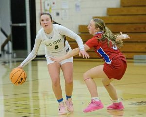 Belle Vernons Lyla McConnell handles the ball as Mt. Pleasants Izzy Vallone defends Feb. 2. (Jenn Codeluppi | Mon Valley Independent)