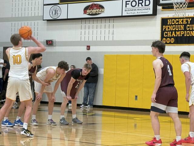 Thomas Jefferson's Justin Fry takes a free throw against New Oxford in a PIAA Class 5A first-round game Friday, March 6, 2026. (Don Rebel | TribLive)